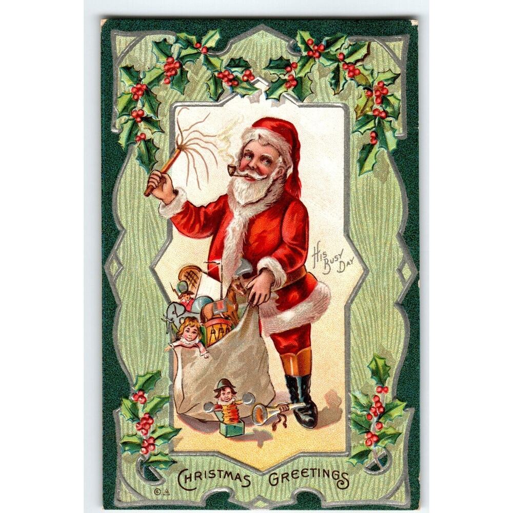 Santa Claus Christmas Postcard Saint Nick Holding Whip &Toys Nash Unused Vintage
